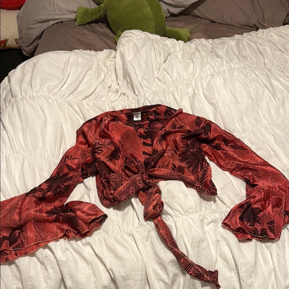 Red Floral Tie-Front Women's Top